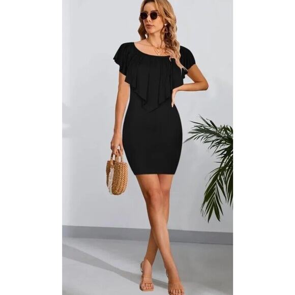 Sexy One Shoulder Ruffle Mini Bodycon Dress Off The Shoulder Tiered Ruffle Sz XL - Picture 5 of 12